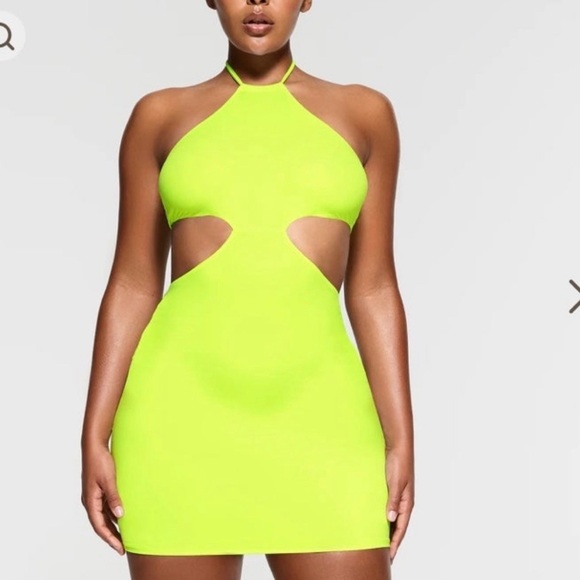 SKIMS Dresses & Skirts - NWOT Skims Neon Green Highlighter Cutout Halter Bodycon Mini Dress | Small